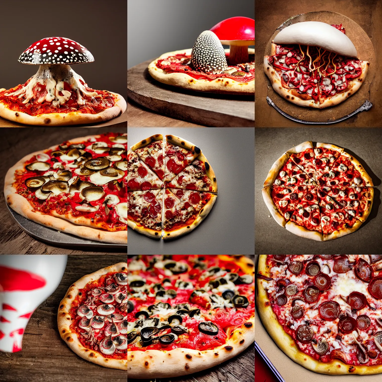 Prompt: spotted amanita muscaria on top of a pizza viewed from the side, ten spotted amanita muscaria, on a table, professional food photography