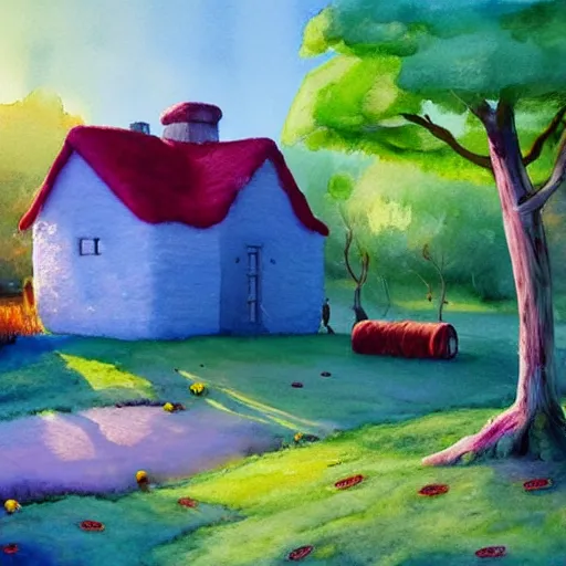 Image similar to a watercolor art in shape of wool felting small wooden house in the middle of spring forest, bright colours, children illustration, 4 k, matte painting, by rhads