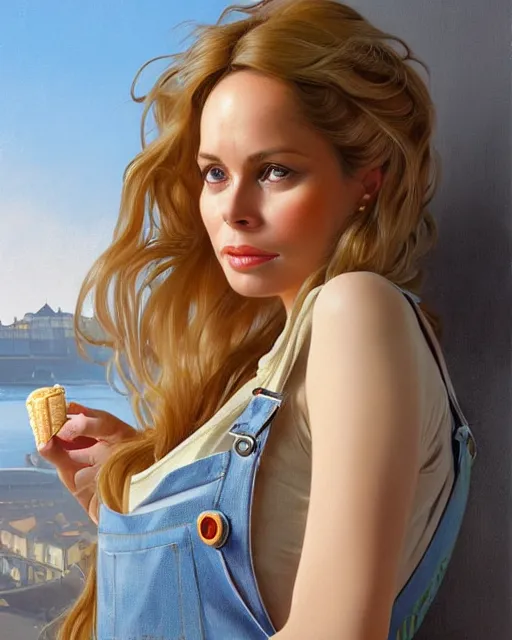 Image similar to portrait of a blonde fuller figured barbara bach from the bond film wearing dungarees and eating ice creams in porto, real life skin, intricate, elegant, highly detailed, artstation, concept art, smooth, sharp focus, art by artgerm and greg rutkowski and alphonse mucha