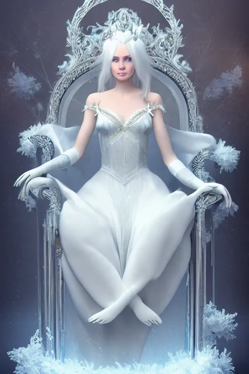 Image similar to Ice Princess, white long hair, sky blue eyes, short white silk dress, white long gloves, feet showing, legs crossed, arms crossed, crown made of ice, sitting on throne, frost, fantasy, elegant, artstation, hard focus, octane render