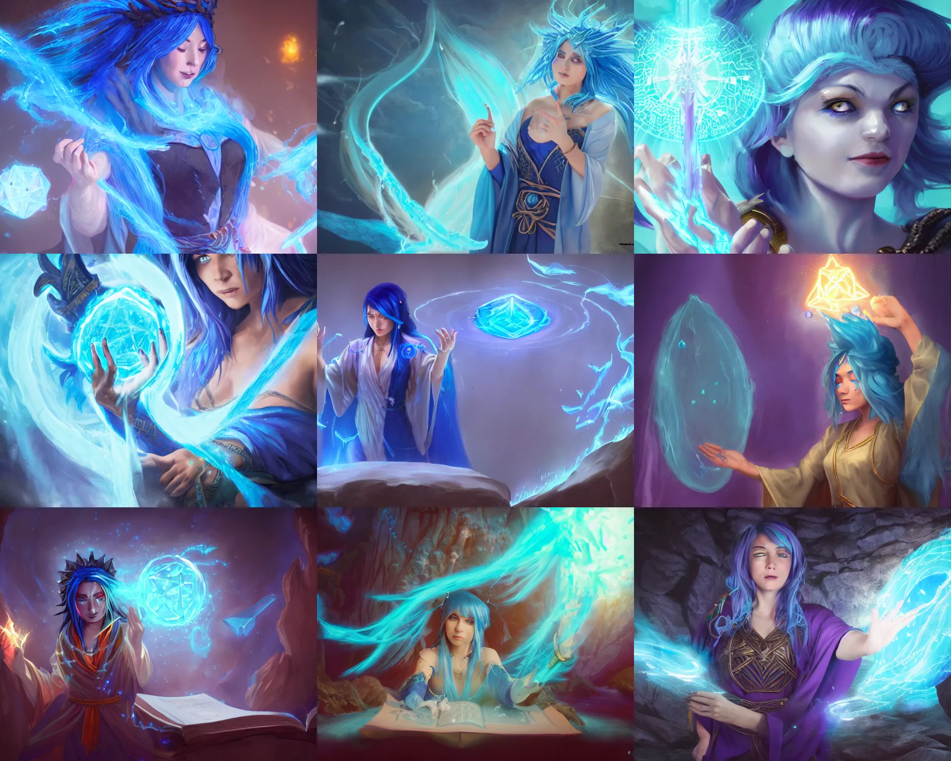 Prompt: blue haired female with flowing robes casting a magic spell, floating symbols and crystals, a hovering open spellbook, cave, dnd, rpg, cosplay, fantasy, artstation, highly detailed, cinematic composition, dramatic lighting, trending, 8 k hd