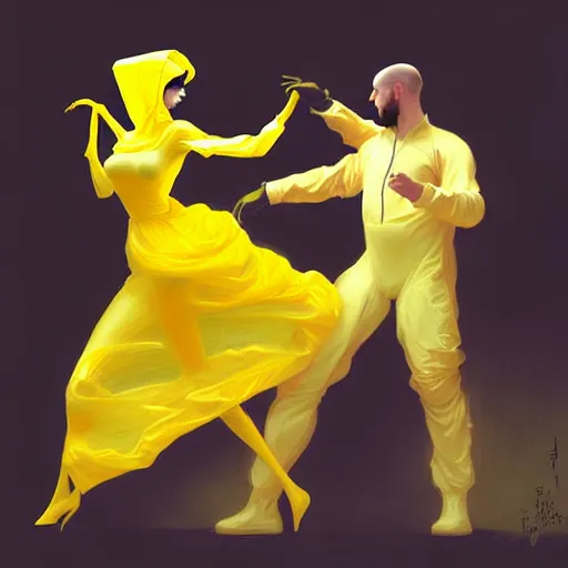 Image similar to a man in a yellow hazmat suit and a voluminous woman in a yellow organza dress both dancing, intricate, elegant, digital painting, concept art, smooth, sharp focus, illustration, from metal gear, by ruan jia and mandy jurgens and william - adolphe bouguereau, artgerm