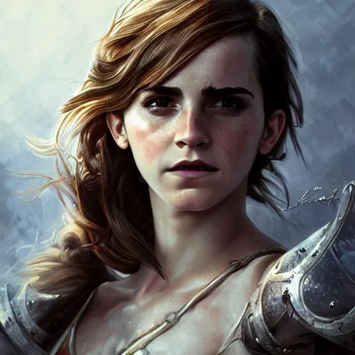 Image similar to emma watson proud muscular female turkish warrior, portrait by Cedric Peyravernay, highly detailed, excellent composition, cinematic concept art, dramatic lighting, trending on ArtStation