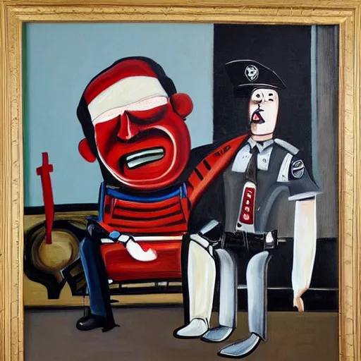 Prompt: a painting of a cop putting down a man by george condo