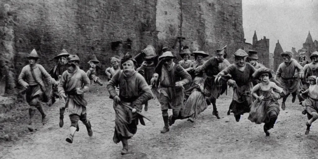 Image similar to villagers running from huge medieval fantasy town, 1 9 1 0 s film scene