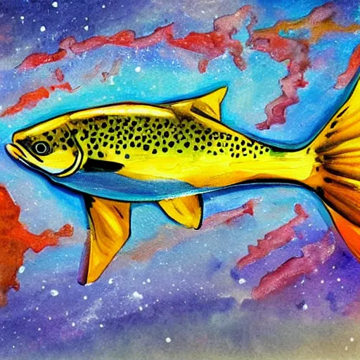 Image similar to a painting of a trout swimming in outer space, naushadarts