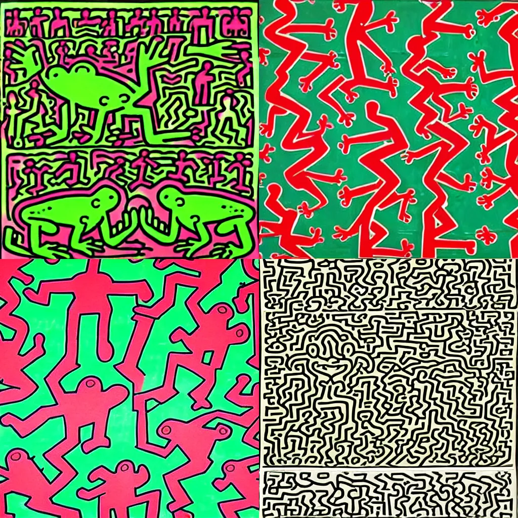 Prompt: repeated frog tiling, keith haring, wallpaper
