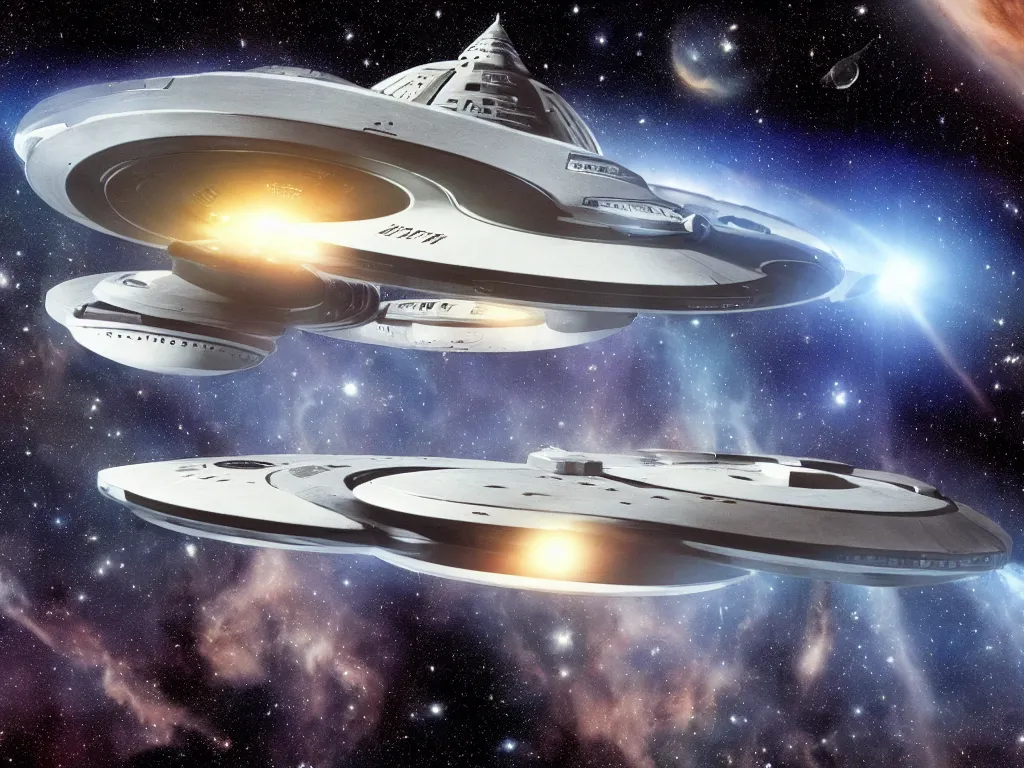 Prompt: Star Trek`s original Enterprise spaceship flying in a starry outer space