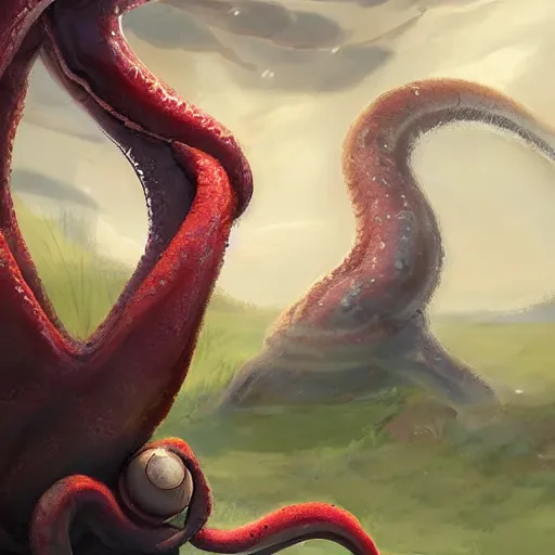 Image similar to a cute beautiful stone - type pokemon with beautiful happy smile, red tentacles bursting out of his hair, full body portrait, highly detailed digital art, 3 d perspective, award - winning illustration, aesthetic, smooth, pokemon style, made by greg rutkowski, with an alien landscape in the background