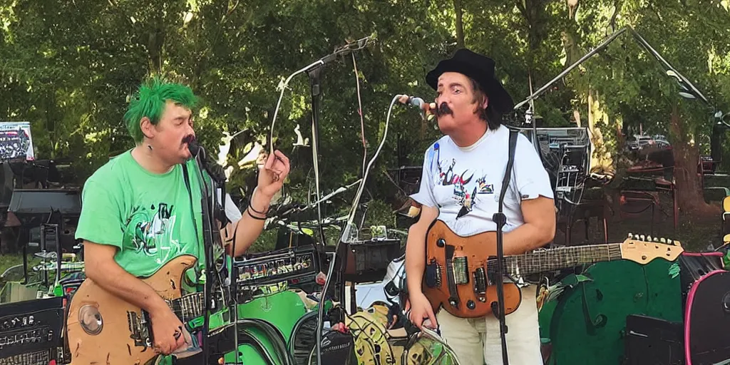 Image similar to a green-haired, funky, rustic, gentle metro dingo sound guy with a Salvador Dali moustache mixes a band in the park