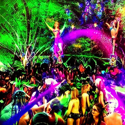 Image similar to the garden of eden but it's an edm festival