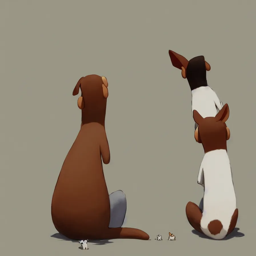 Image similar to Goro Fujita illustrating View from behind of a brown and white dog sitting, ears up and tail active, watching the living room window, There's only one dog! only one dog! only one dog! only one dog, art by Goro Fujita, sharp focus, highly detailed, ArtStation