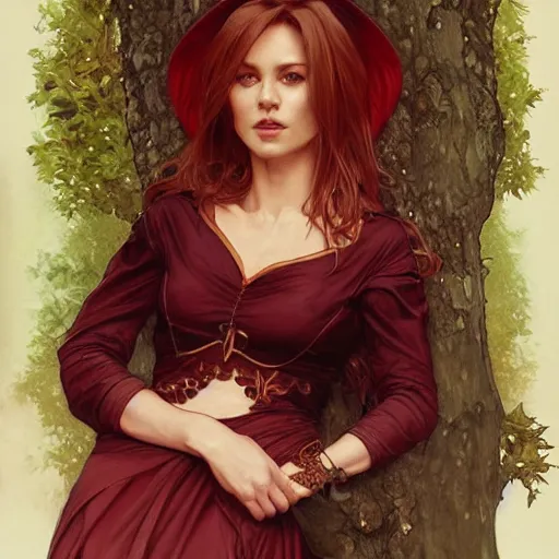 Image similar to portrait of a woman resting on large tree, regal dark red clothing, blonde hair, green lines, sharp focus, intricate, cinematic lighting, smooth, ultra realistic illustration, high fantasy, elegant, by artgerm, greg rutkowski, alphonse mucha magali villeneuve