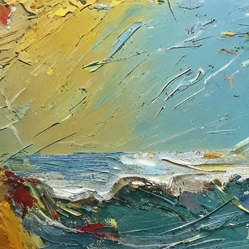 Image similar to oil paint impasto relief, very rough sea, multi layered thick brush marks, some splattered paint, in the style of ivan shishkin and frank auerbach and van gogh