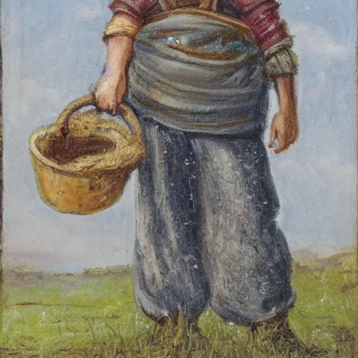 Prompt: portrait, a hardworking dwarven female farmer, ragged clothes, standing in a field, dirty