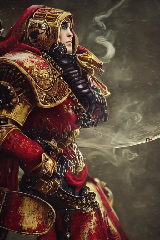 Prompt: a portrait of a adepta sororitas, warhammer 4 0 k setting, dynamic pose, close - up, intricate details, intricately detailed clothing, intricate textures, warm lighting, vivid colors, smoke and mist, realistic octane render, hyper realistic render, volumetric shading, depth of field, raytracing, 8 k,