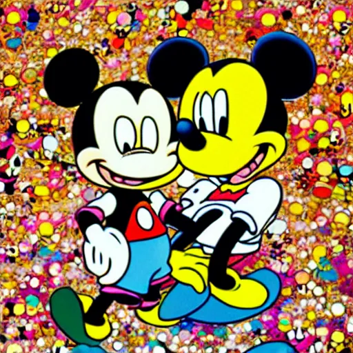 Prompt: mickey mouse and bart simpsons anime manga glitch art pop art by takashi murakami