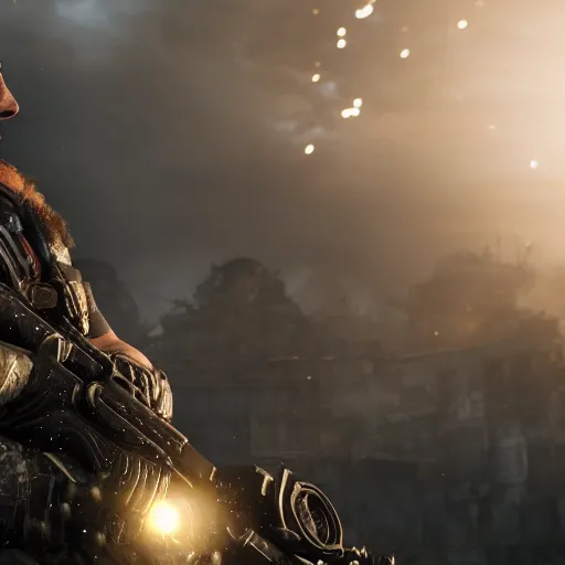 Image similar to ( ( ( ( captain jack sparrow ) ) ) ) in gears of war, splash art, movie still, cinematic lighting, dramatic, octane render, detailed face, long lens, shallow depth of field, bokeh, anamorphic lens flare, 8 k, hyper detailed, 3 5 mm film grain