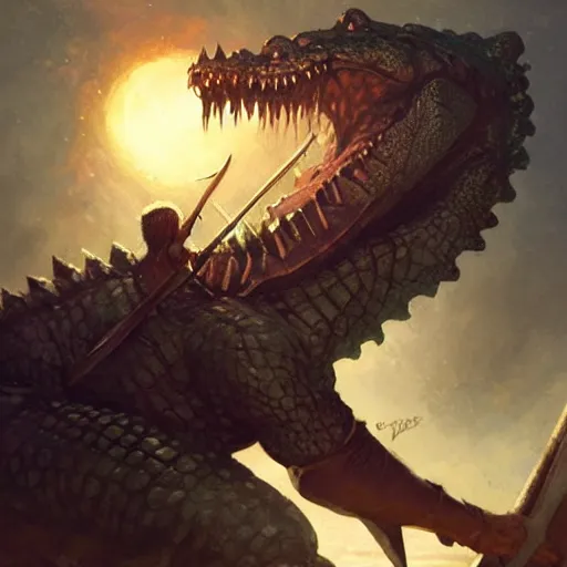 Image similar to a crocodile warrior holds a morning star and a shield, by greg rutkowski, magic the gathering,