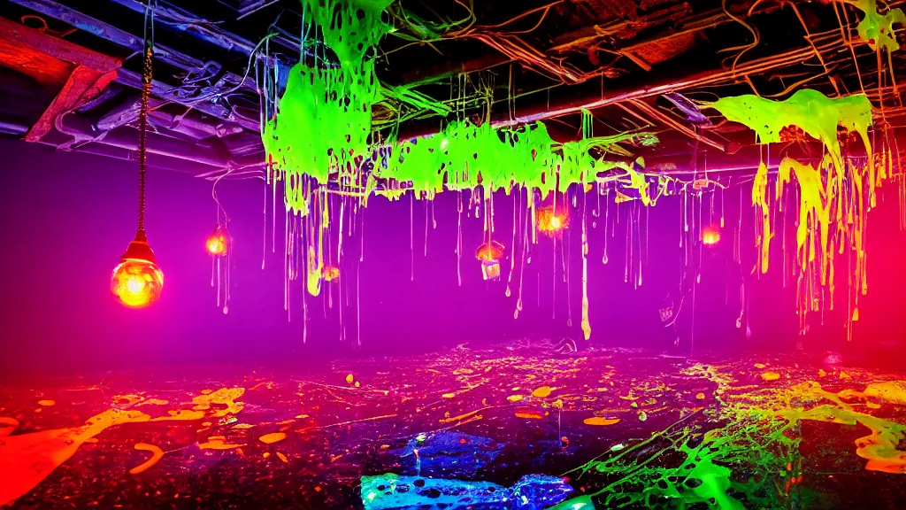 Image similar to multi - colored slime and debris pouring from the ceiling in a large gothic cracked steampunk room spilling over the transparent floor and splashing large glowing luminescent neon drops, field - blur, floodlight, argand lamp, 4 k