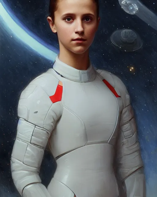 Image similar to a portrait painting of a shy, blushing 1 6 - year old alicia vikander or millie bobby brown, backlit, wearing a futuristic space suit in a space station, elegant, highly detailed, artstation, concept art, by krenz cushart and donato giancola and william adolph bouguereau and alphonse mucha