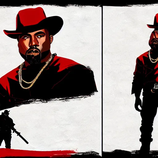 Image similar to kanye west in illustration red dead redemption 2 artwork of kanye west, in the style of red dead redemption 2 loading screen, by stephen bliss