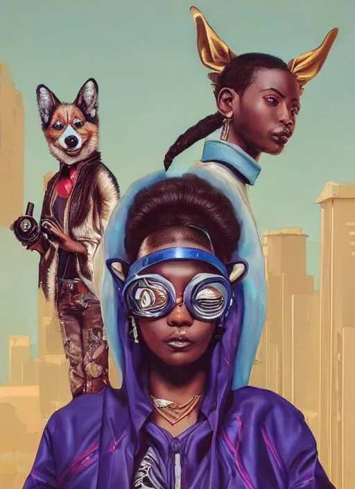 Prompt: beautiful portrait painting of an African lofi cyberpunk princess and her corgi assassin king, by Afarin Sajedi, Alessandro Barbucci, Alex Gross, Shin Jeongho, Shohei Otomo. trending on Artstation, 8k, masterpiece, face enhance, graffiti paint, fine detail, full of color, intricate detail, golden ratio illustration