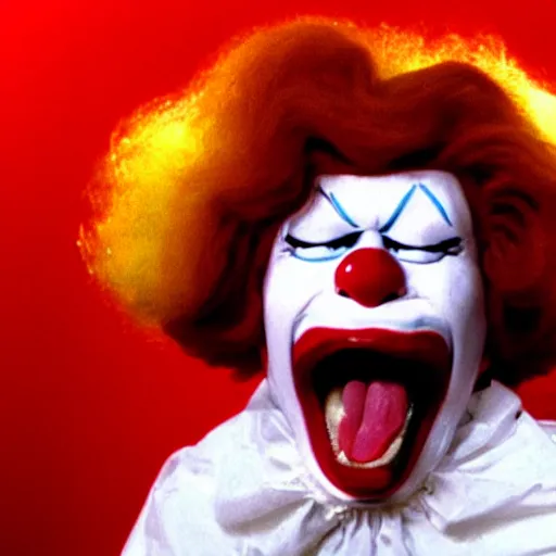 Image similar to creppy 2 0 0 1 photo of ronald mcdonald screaming in a dark room