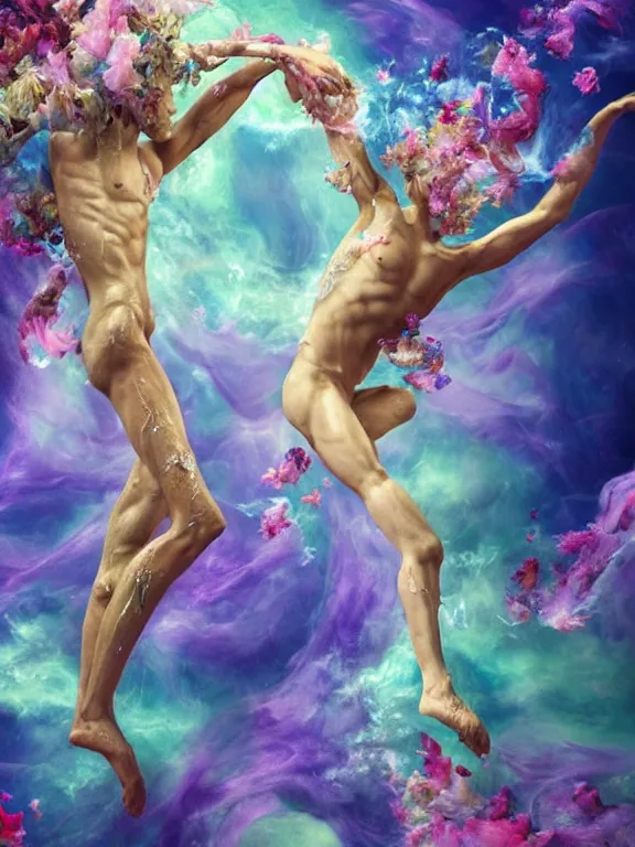 Prompt: dance of 2 humanoids made of infinite flowing sheer petals, covered in splashes and strokes of paint, clouds, smoke and flowers, feminine, muscular, flowing cloth, pastel 8 k, rendered in cinema 4 d, ultra realistic, atmospheric, cinematic, golden ratio. hyperrealism, biblical, baroque, renaissance painting, crystals, rays of light, trending on artstation