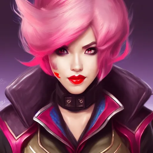 Image similar to portrait of Vi from League of Legends, by Fortiche Studio, from Netflix's Arcane, trending on artstation,fine details, realistic shaded, fine-face, Steampunk city on the background, red hair, painted texture, pretty face,by Artgerm