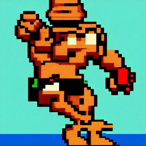 Prompt: extreme long shot, 8 bit nes graphics. antropomorphic muscular masculine pepe the frog. kickboxer fighter, in shorts. aggressive large head. art from nes game cartridge