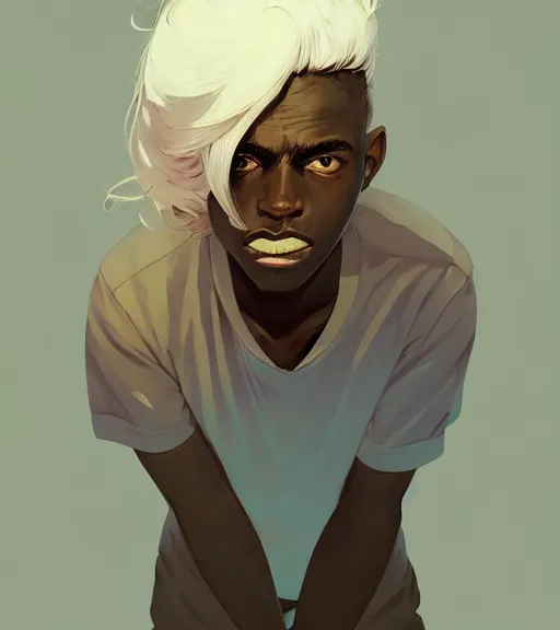 Image similar to portrait of a young man, raised on the island, dark skin, white hair, face tatooes by atey ghailan, by greg rutkowski, by greg tocchini, by james gilleard, by joe fenton, by kaethe butcher, dynamic lighting, gradient light blue, brown, blonde cream and white color scheme, grunge aesthetic