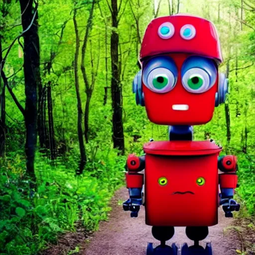 Image similar to cute robot wearing a tomato hat and a walking stick, trekking in a forest, pixar style