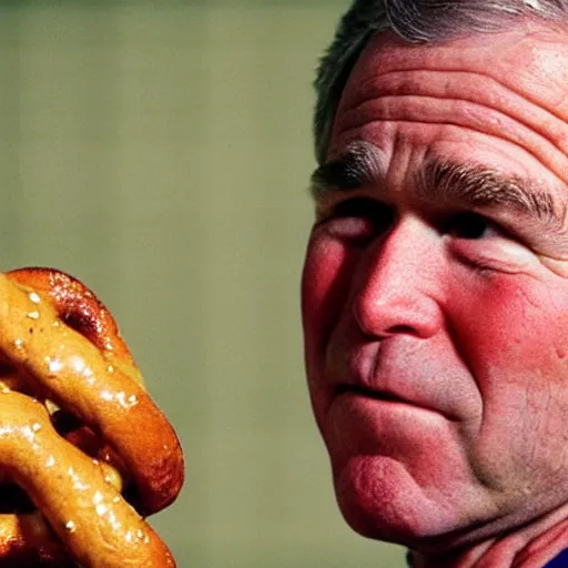 Prompt: George W. Bush closely examining a pretzel. Nefarious, uneasy, worried, concerned. CineStill.