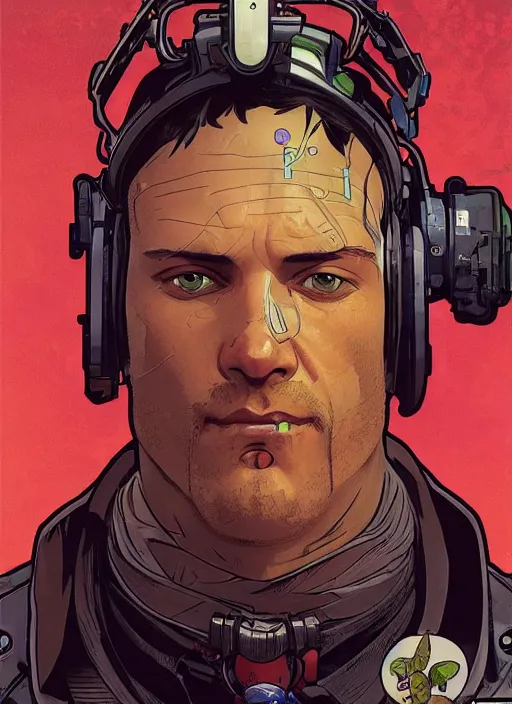 Image similar to cyberpunk fruit salesman. portrait by ashley wood and alphonse mucha and laurie greasley and josan gonzalez and james gurney. spliner cell, apex legends, rb 6 s, hl 2, d & d, cyberpunk 2 0 7 7. realistic face. vivid color. dystopian setting.