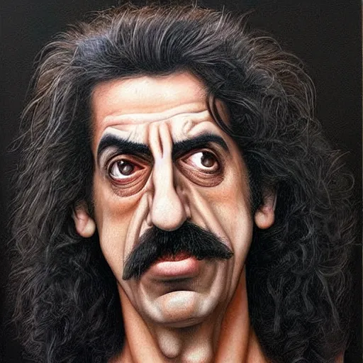 Image similar to Caricature portraits done of Frank Zappa, realistic, hyperrealistic, very realistic, highly detailed, very detailed, extremely detailed, detailed, oil painting, digital art, trending on artstation