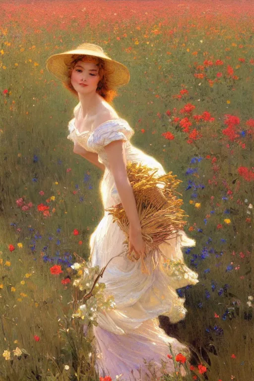 Prompt: attractive woman in flower field, painting by gaston bussiere, craig mullins, j. c. leyendecker, ghibli style