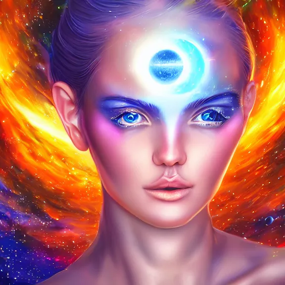 Image similar to highly detailed close up portrait of a celestial girl with a body made of cosmic energy, space background, character art, studio lightning, bright colors, intricate, masterpiece, photorealistic, hiperrealistic, sharp focus, high contrast, Artstation HQ, DeviantArt trending, 4k UHD, Unreal Engine 5