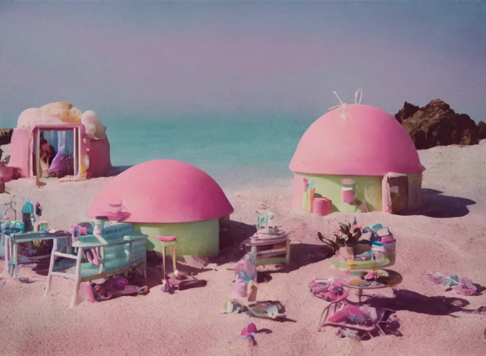 Prompt: a pastel coloured vintage family holiday photo of an empty beach from an alien dreamstate world with chalky pink iridescent!! sand, reflective lavender ocean water, dim bioluminescent plant life and an igloo shaped plastic transparent snack bar surrounded by holiday clutter opposite a pit with an iridescent blue flame flickering. glare. refraction, volumetric light.