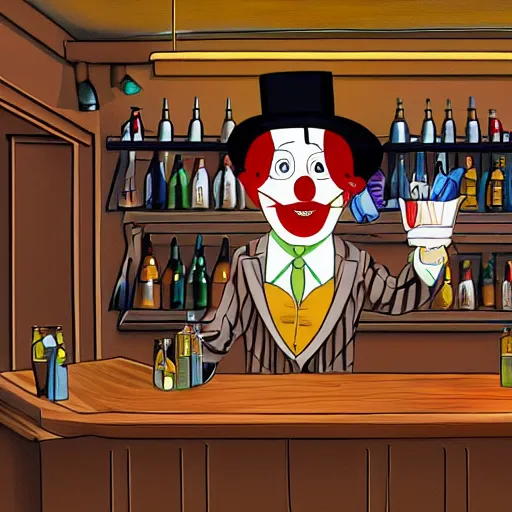 Prompt: a wild clown at a bar making an offer you cant refuse, highly detailed, digital art