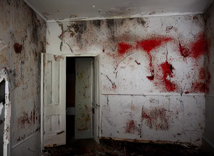 Image similar to A terrifying room, haunted, a disturbing room, paint peeling of the walls