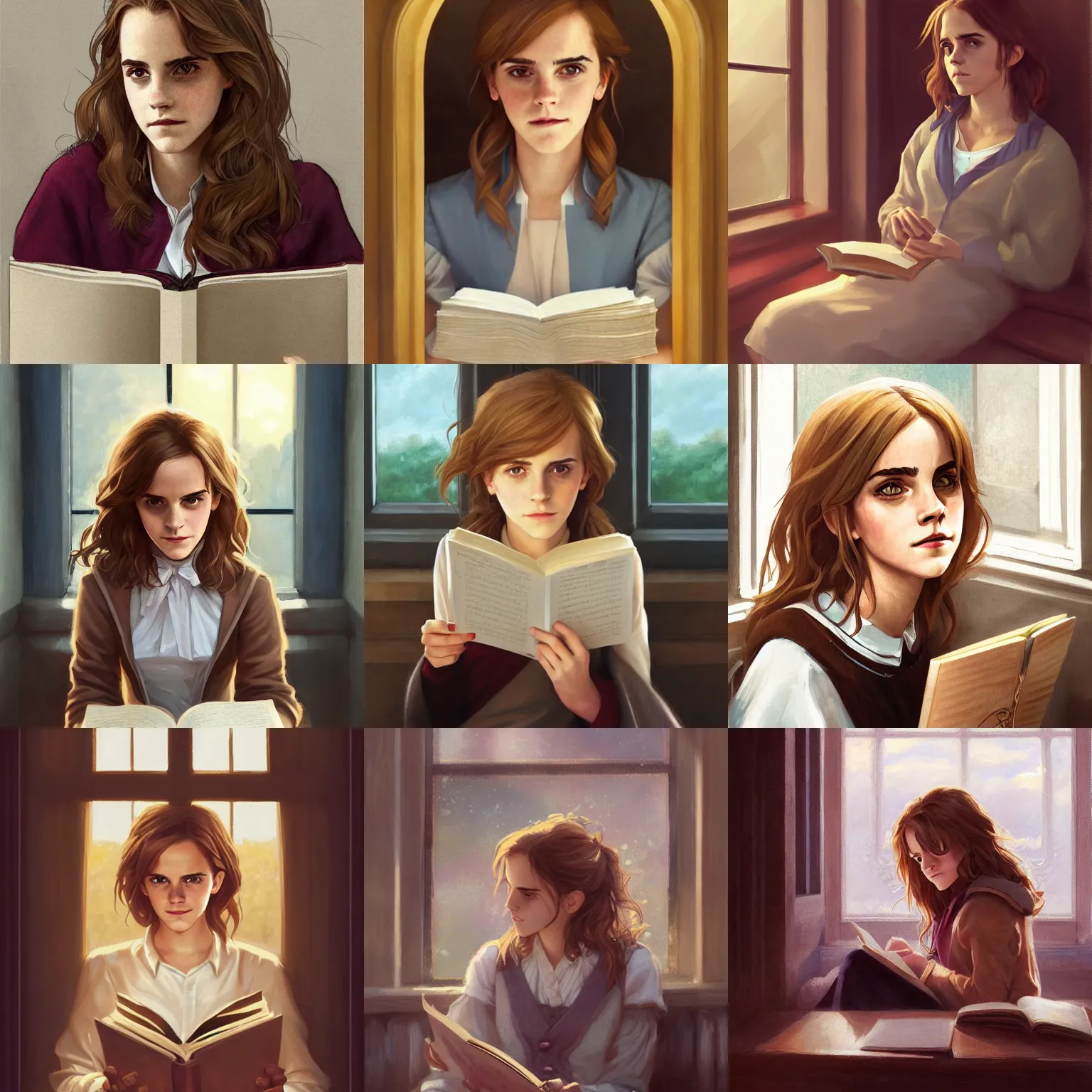 Prompt: portrait of Emma Watson as Hermione Granger sitting next to a window reading a book, focused expression, golden hour, art by Kenne Gregoire and Krenz Cushart, trending on artstation