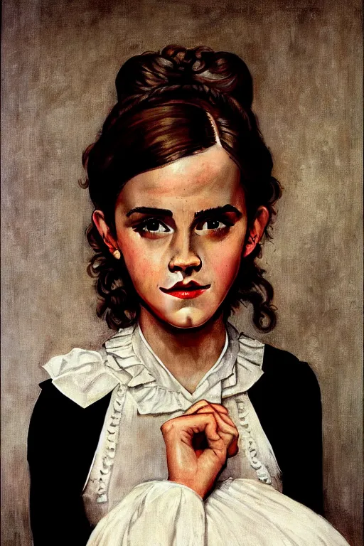 Image similar to photo photorealistic portrait photograph Emma Watson as maid portrait by Norman Rockwell