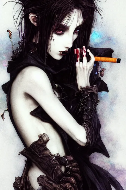 Image similar to Gothic girl smoking a cigarette, dark background. digital art. amazing quality. perfect lighting. Professional design. Great composition. by Ayami Kojima and Tomoyuki Yamasaki and Tsutomu Nihei, octane render, award winning art. impressive colors. trending on artstation. Brian Froud style