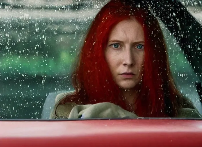 Image similar to A very high resolution image from a new movie, inside of a car, red hair woman, raining, hot, directed by wes anderson