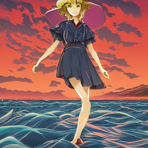 Prompt: Kirisame Marisa looking at the sea by Dan Mumford, beautiful anime portrait, official artwork, stylistic, Touhou character, brush strokes, oil, canvas