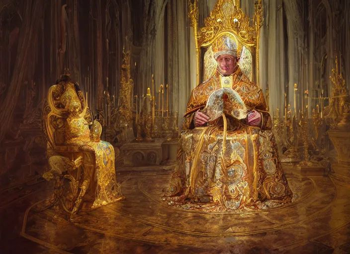 Image similar to worship of the pope, royal robe, gold trim, close - up, light effect, hyper detailed, intricate, atmospheric, elegant, photorealistic by paul lehr, marco mazzoni, featured on cgsociety, rococo, whimsical, artstation