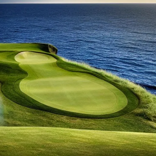 Image similar to a great photo from the teebox of the most amazing golf hole in the words, cliffs by the sea, perfect green fairway, ambient light