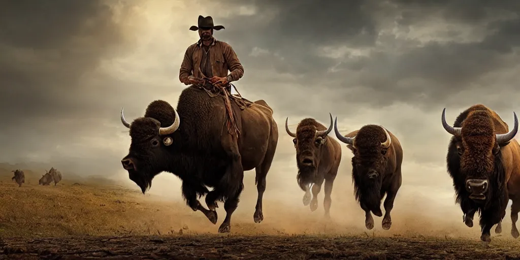 Prompt: indian on one wheel, bison herd, chase scene, epic composition, dramatic lighting, cinematic, establishing shot, extremely high detail, photorealistic, cinematic lighting, artstation, octane render, old photo, buffalo hunt movie, alpha movie, western, ultra sharp, clean symmetrical faces, high detail, intricate,hypermaximalist,hyper realism