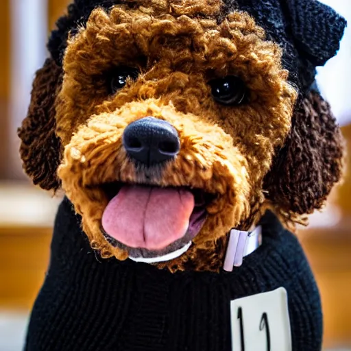 Image similar to a closeup photorealistic photograph of a cute smiling knitted bernedoodle judge dog dressed in a black gown, presiding over the courthouse. indoor image, professional capture, well lit shot. this 4 k hd image is trending on artstation, featured on behance, well - rendered, extra crisp, features intricate detail, epic composition and the style of unreal engine.